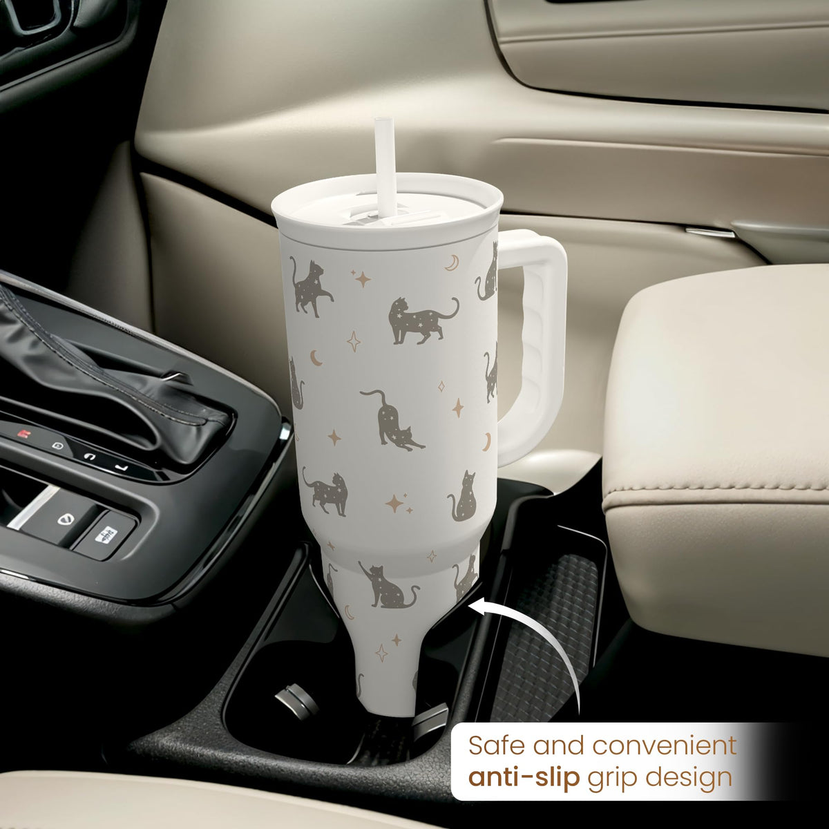 SANDJEST cat mom 40oz tumbler on desk for versatile home or office use.