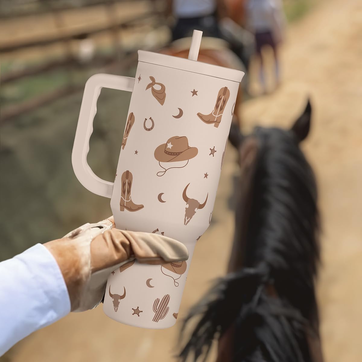 SANDJEST Cowgirl Tumbler 40oz demonstrates hot/cold performance and style.