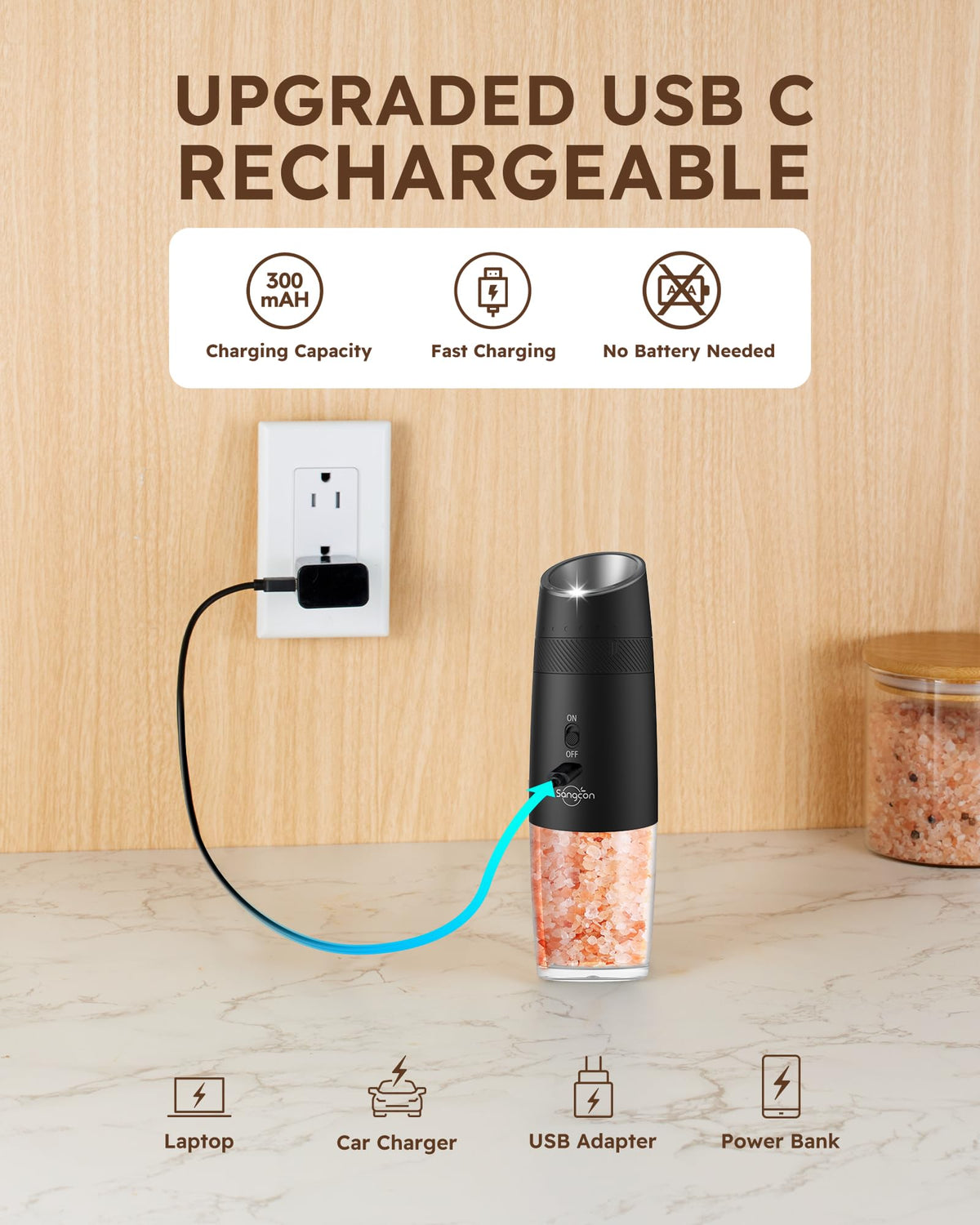 Sangcon gravity grinder dispensing action for one handed use