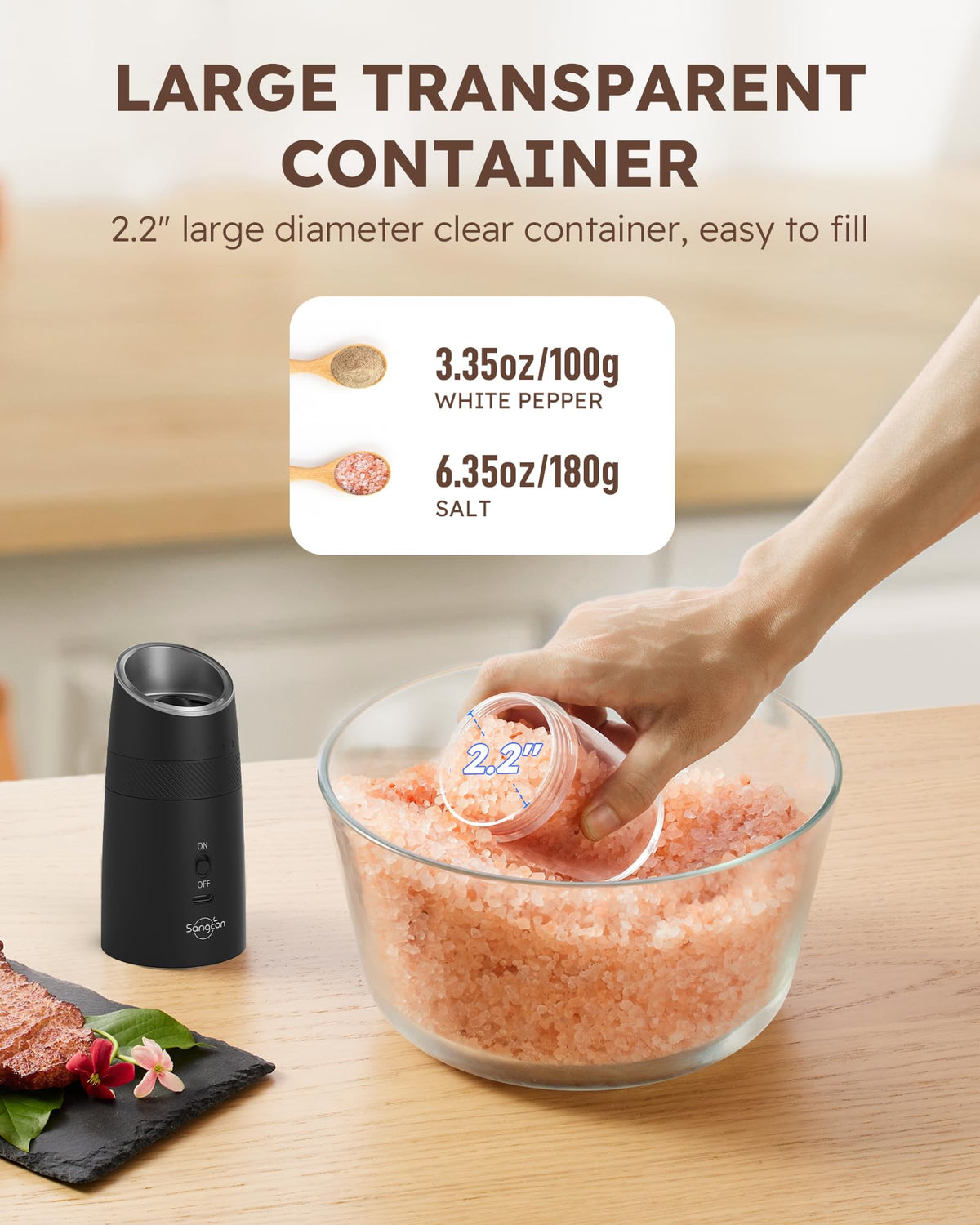 Sangcon gravity grinder wide refill opening for easy cleaning