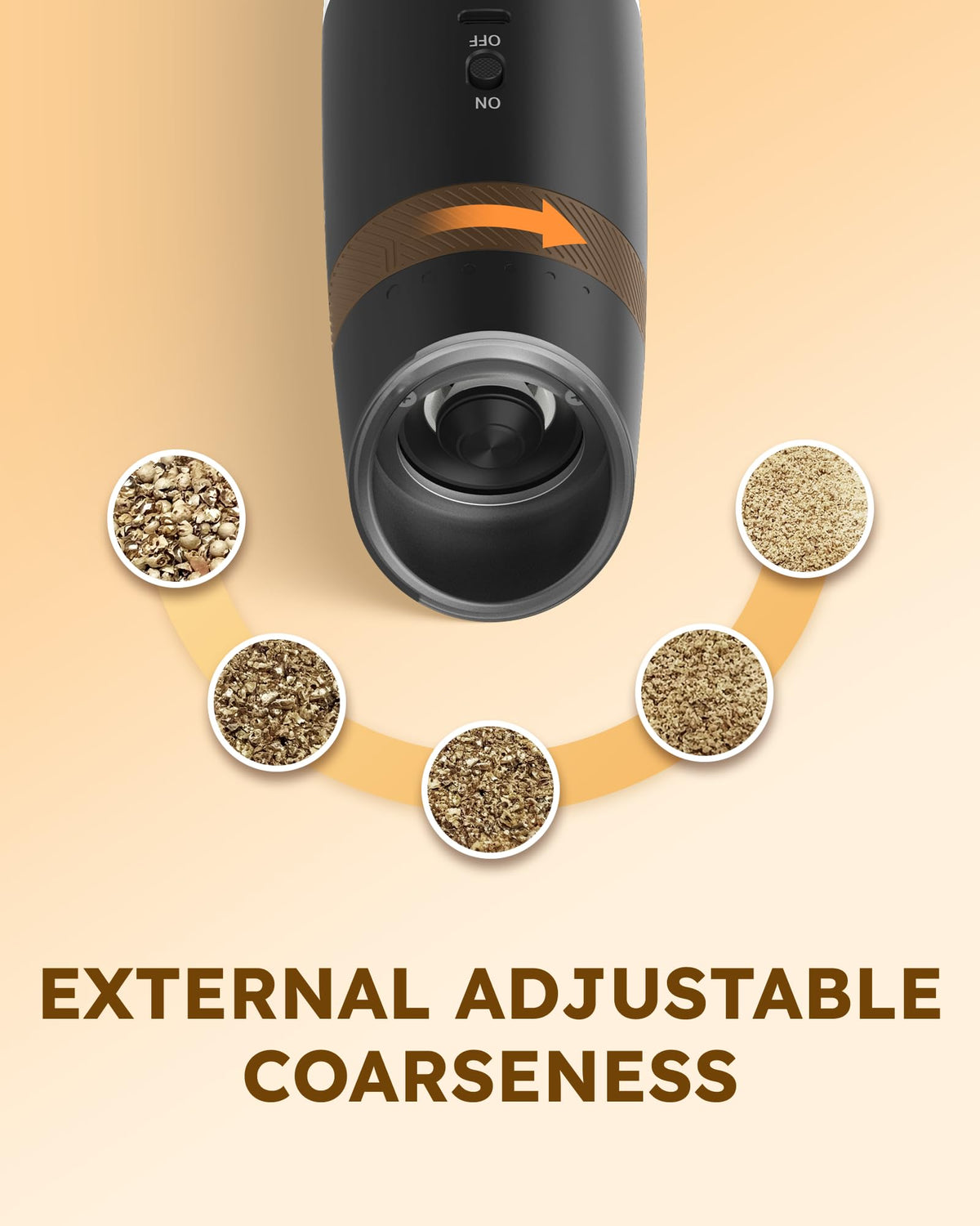 Sangcon gravity grinder side view showing external coarseness dial