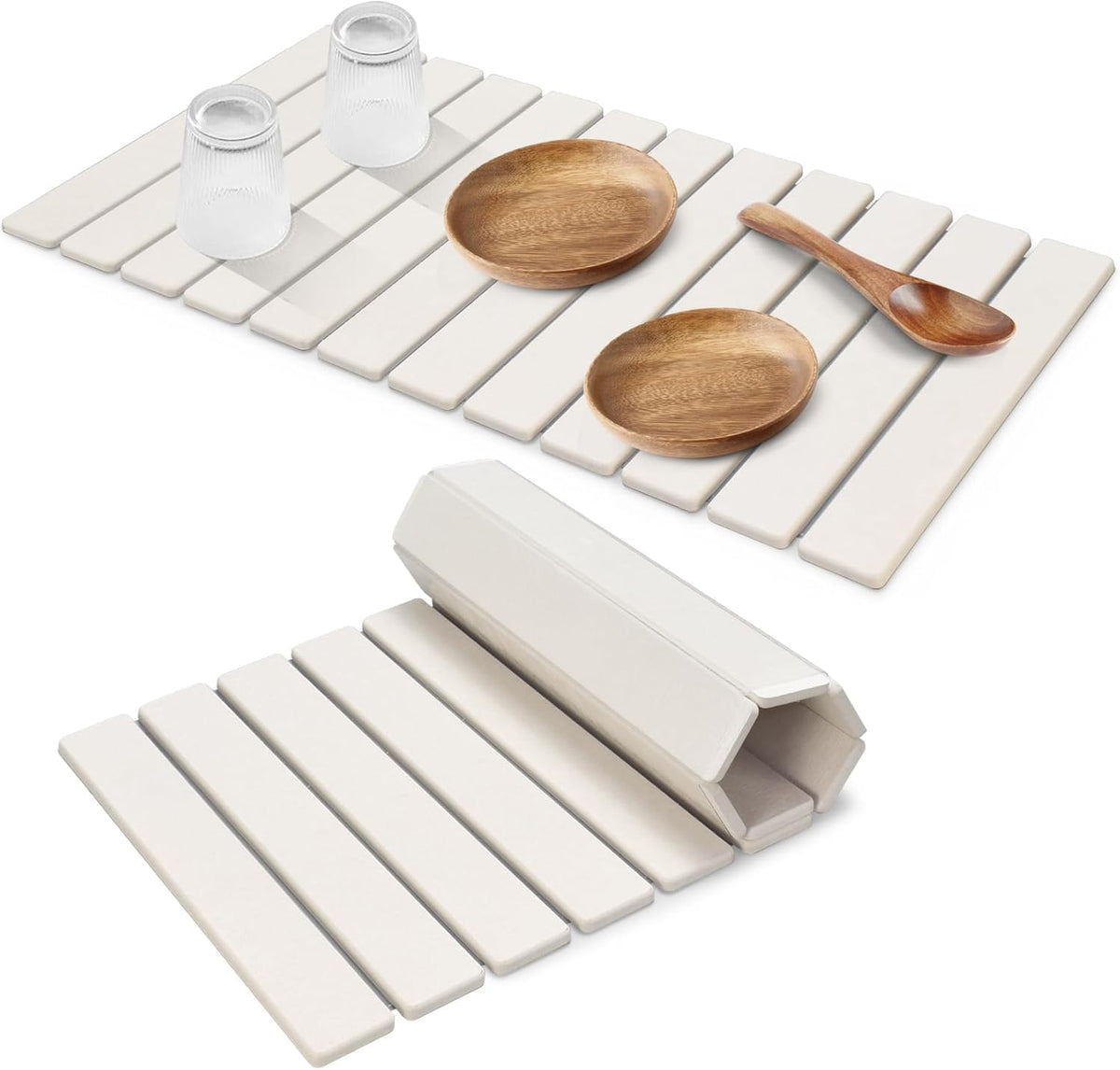 Sangukiro large stone drying mat unfolded on the counter, drying dishes efficiently.