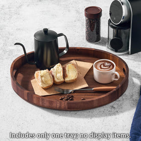 SARUFO acacia wood round ottoman tray ideal for breakfast in bed service.