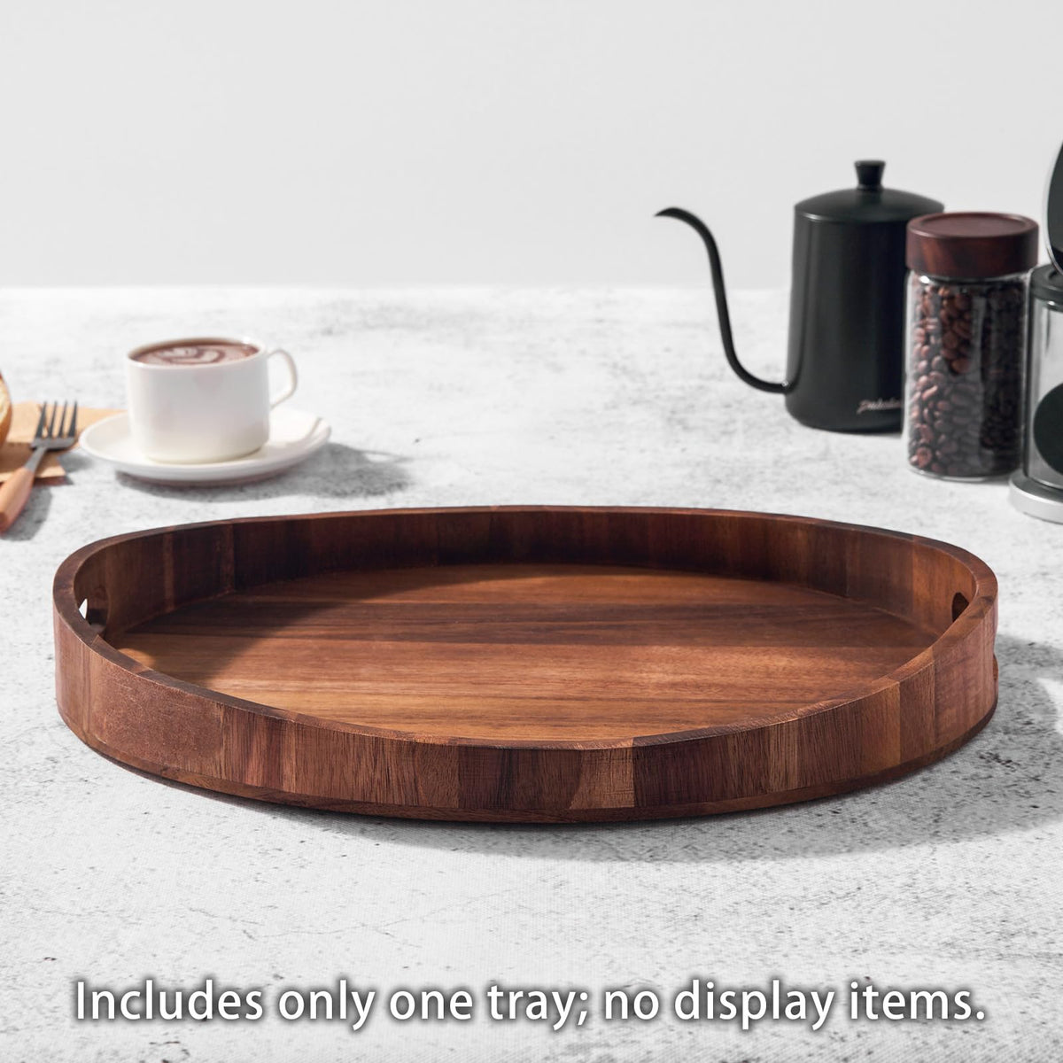 SARUFO acacia wood round ottoman tray perfect for candle display and ambiance.
