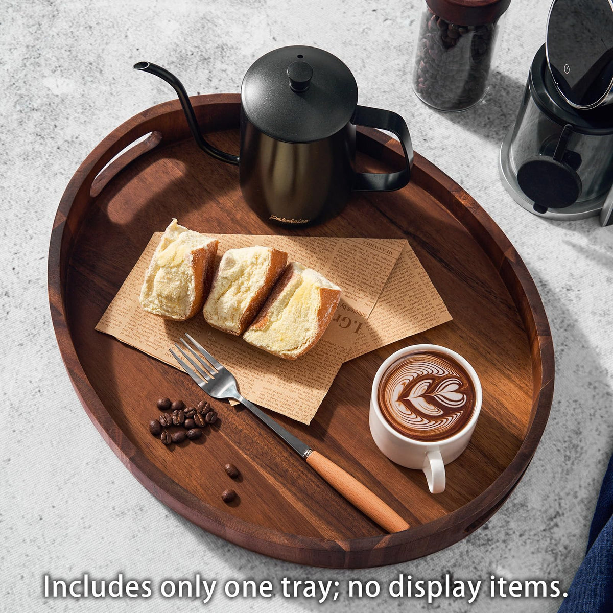SARUFO acacia wood round ottoman tray helps organize kitchen counters.