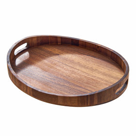 SARUFO acacia wood round ottoman tray with built-in handles for easy transport.