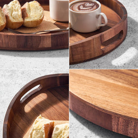 SARUFO acacia wood round ottoman tray doubles as a vanity tray.
