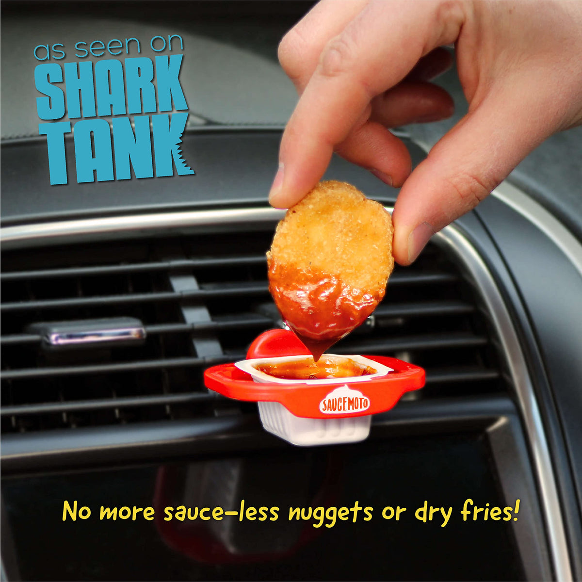 Saucemoto Dip Clip securely grips sauce cups while you drive.