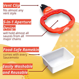Saucemoto Dip Clip fits vertical, horizontal, and diagonal vents for versatility.