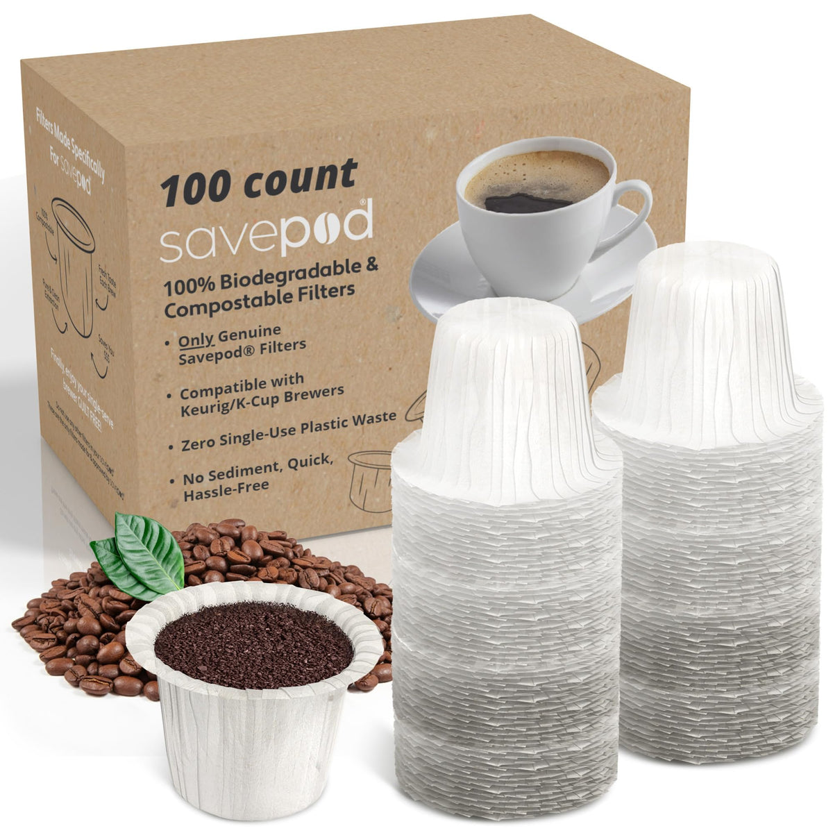 Savepod disposable filters 100-count pack ready for eco-friendly single-serve brewing