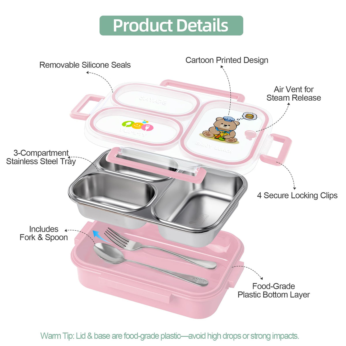 Sayape pink bento includes fork and spoon for ready-to-use meals