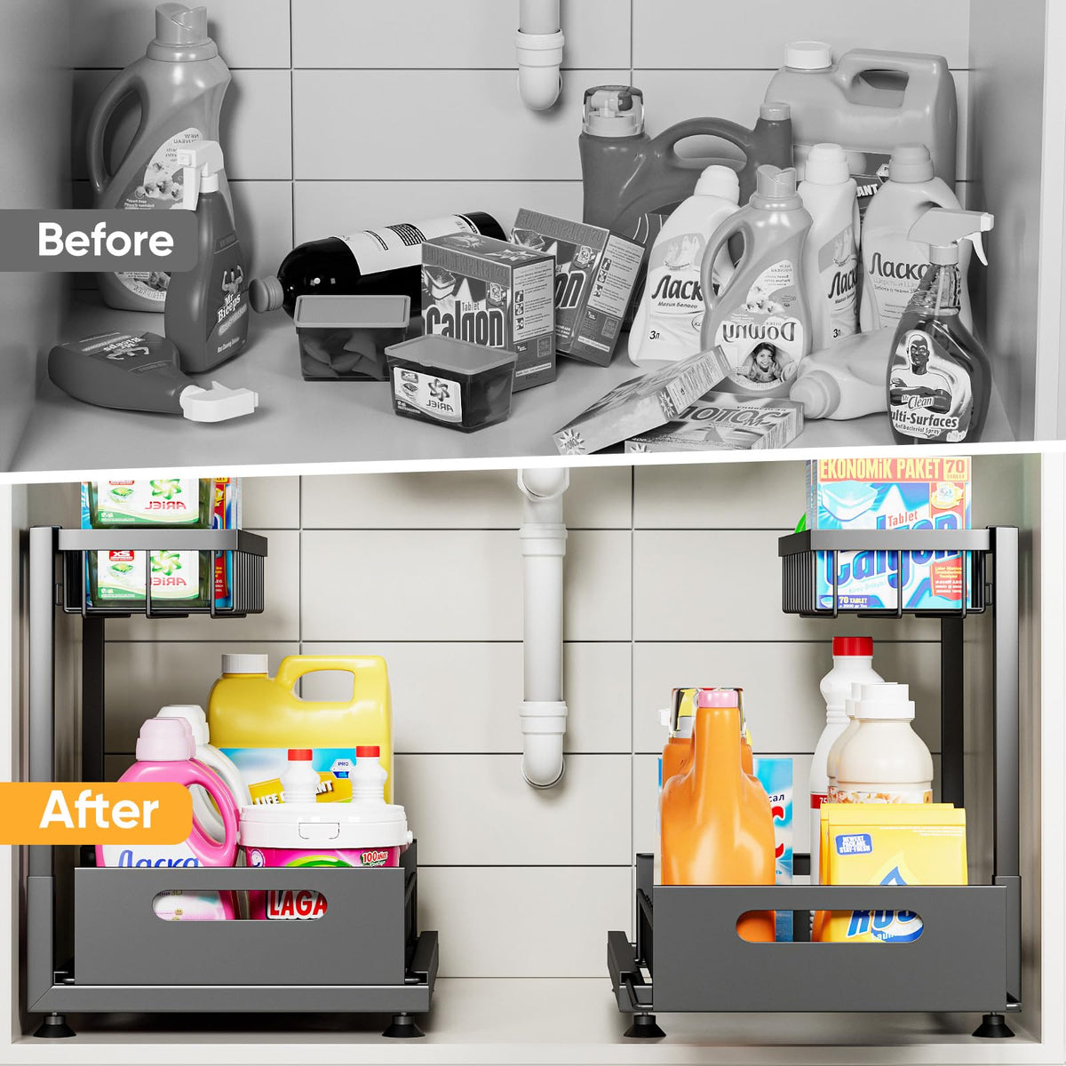 Saydear under-sink organizer height-adjustable design fits varying cabinet heights.