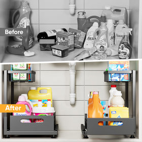 Saydear under-sink organizer height-adjustable design fits varying cabinet heights.