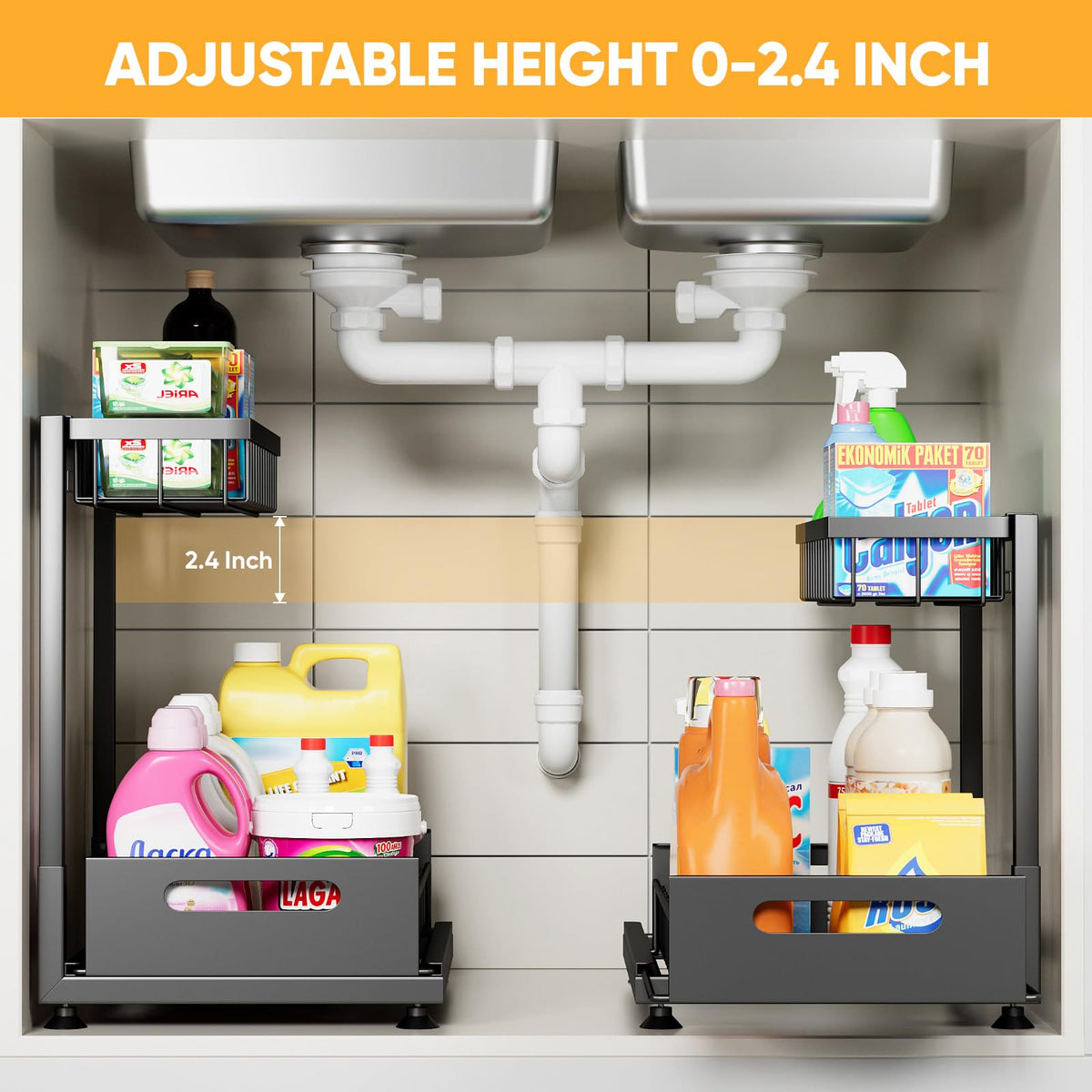 Saydear under sink organizer sliding drawer for easy bottom access.