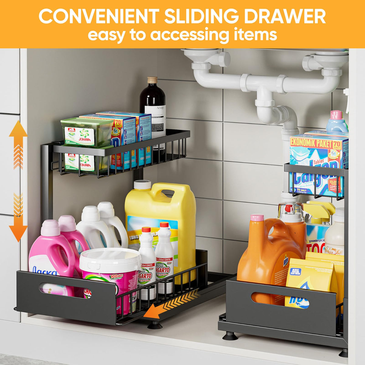 Saydear under sink organizer two-pack provides flexible cabinet storage.