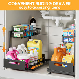 Saydear under sink organizer two-pack provides flexible cabinet storage.