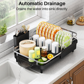 SayZH dish-drying-rack-drip-tray directs water into sink for a dry counter.