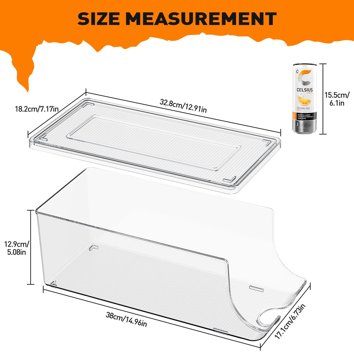 SCAVATA skinny can organizer clear-bin closeup highlights durable PET construction.