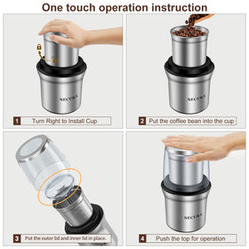 Secura grinder capacity 70g graphic illustrates enough grounds for multiple brews.