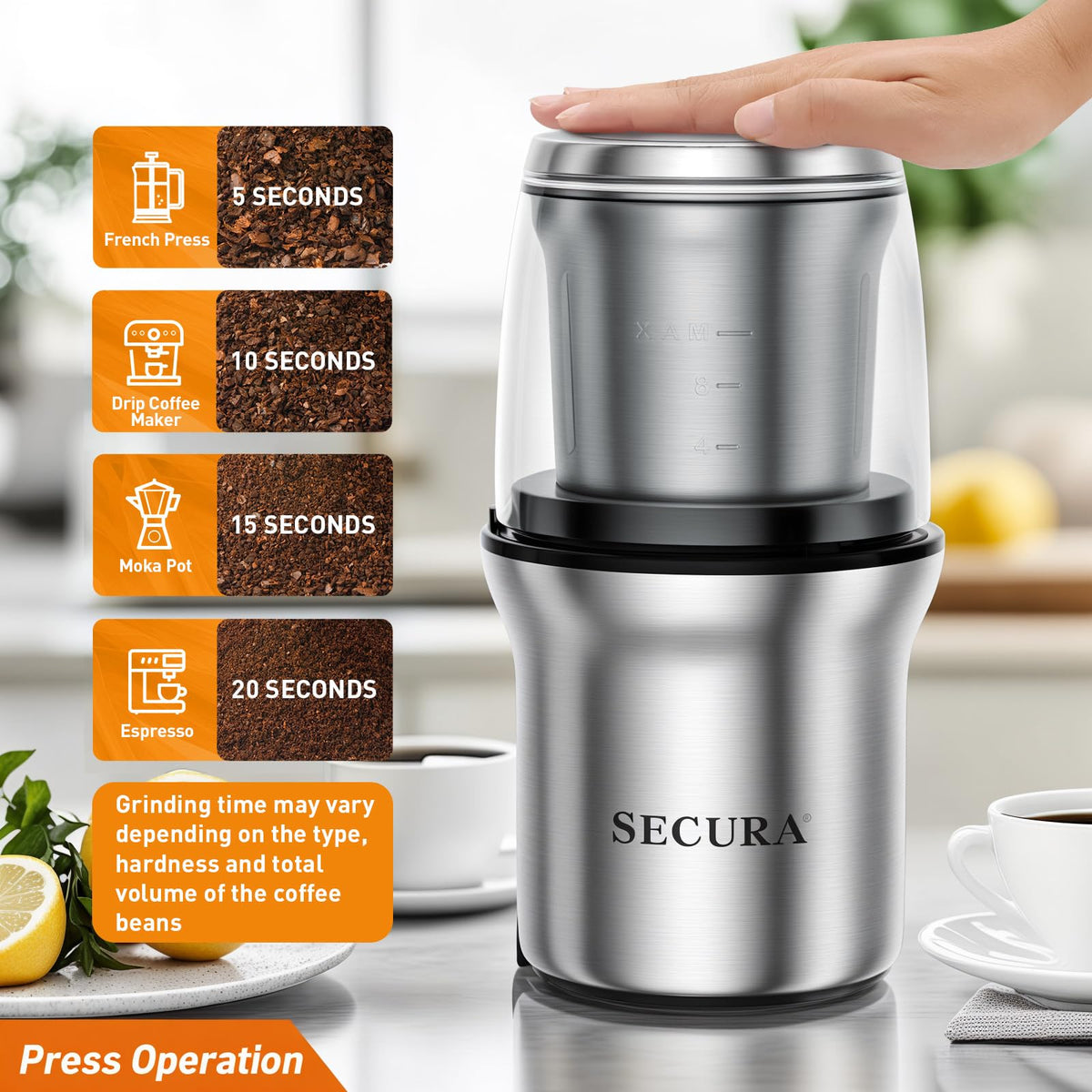 Secura coffee grinder removable bowl shows easy cleaning and dishwasher compatibility.