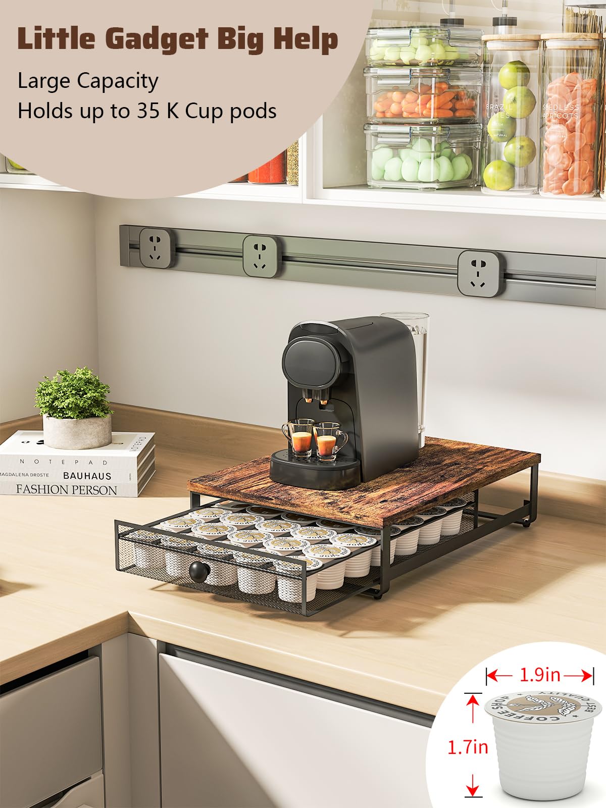 Sedegn coffee pod holder sliding drawer glides with a safety stop.