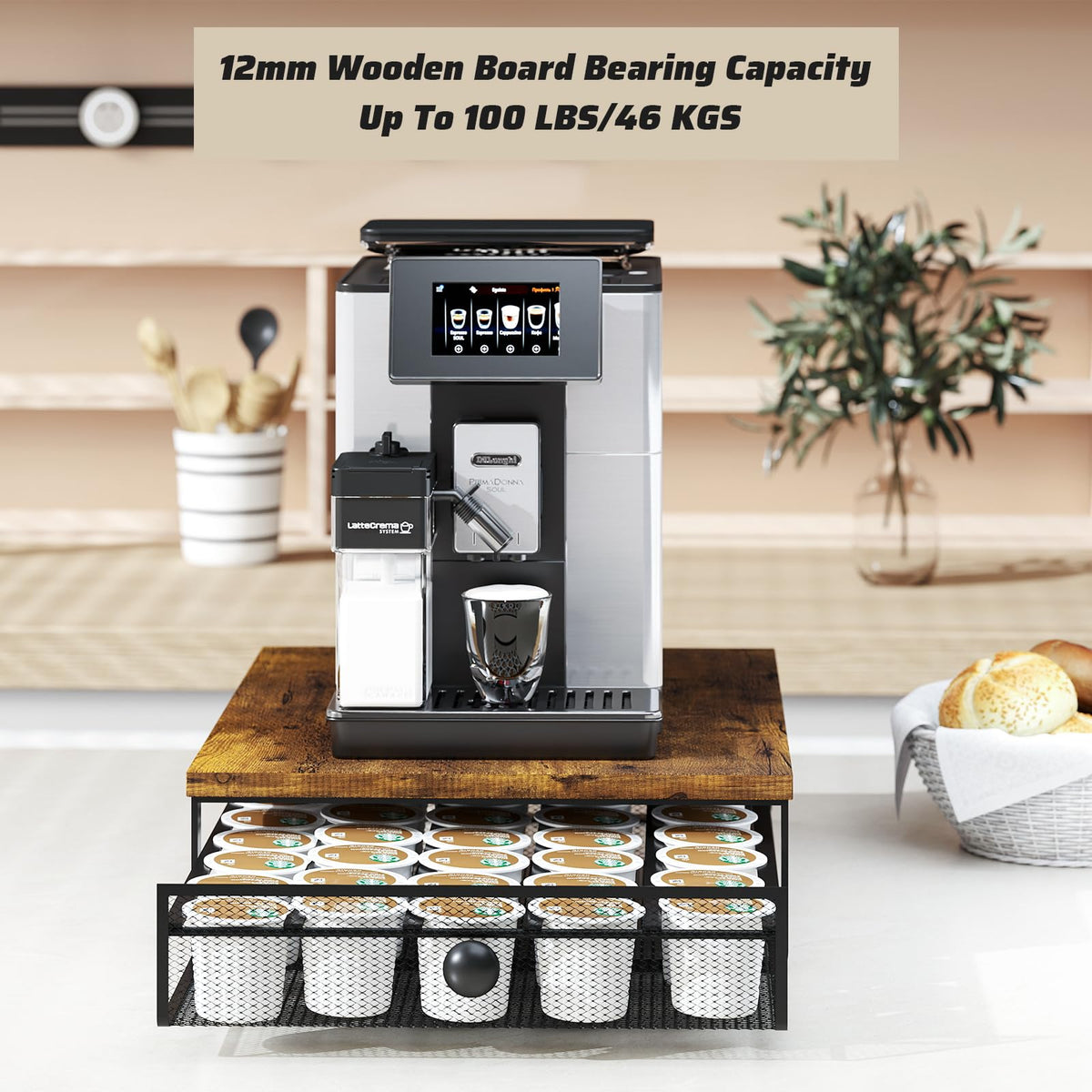 Sedegn under-keurig setup keeps pods organized beneath the brewer.