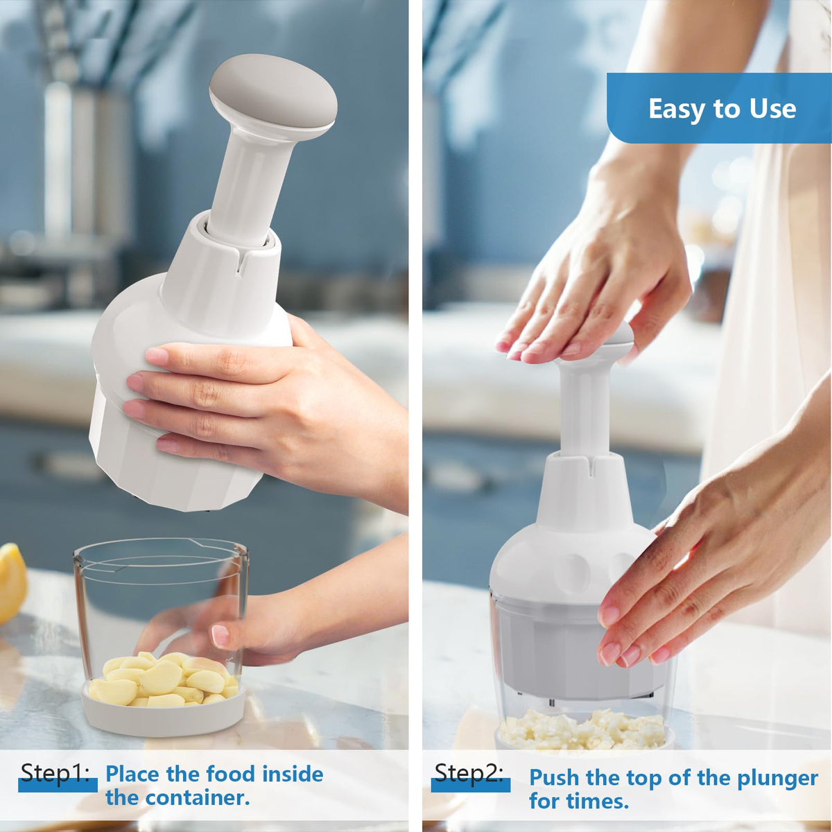 Semcide food chopper soft-touch plunger reduces effort during pressing and chopping.