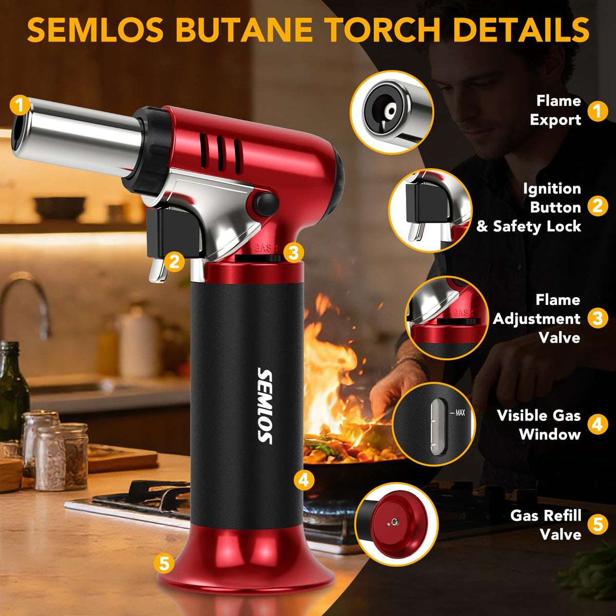 Semlos torch featuring safety lock to prevent accidental ignition.