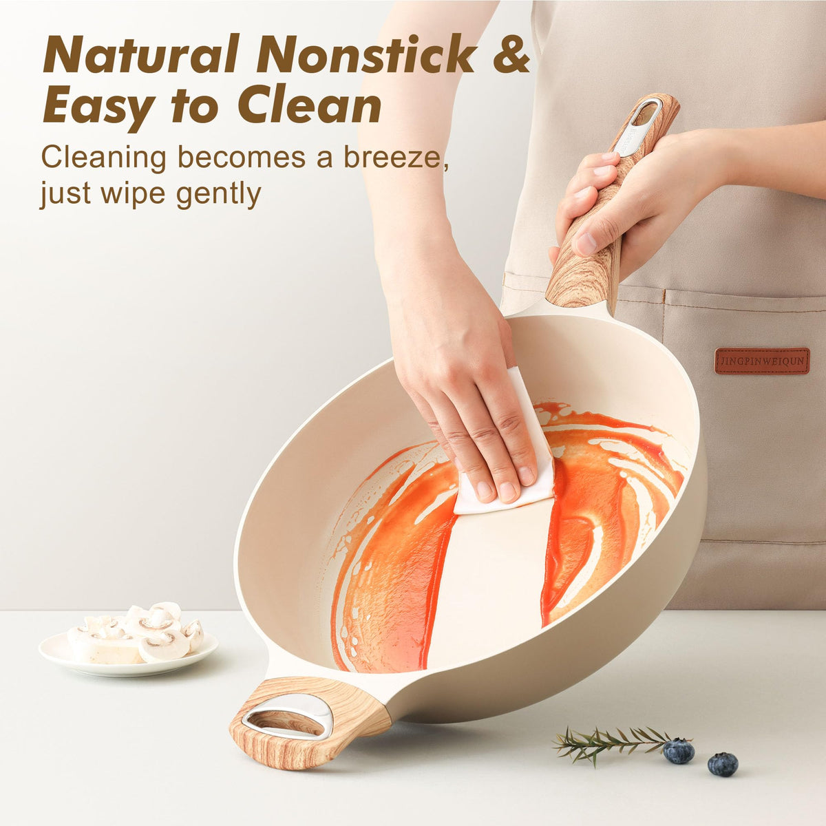 SENSARTE bakelite woodgrain handle stays cool during cooking.