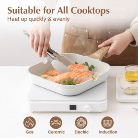 Thick magnetic base of SENSARTE distributes heat on induction surfaces.