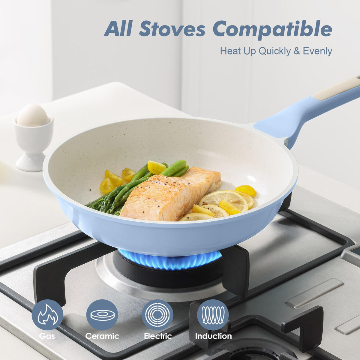 Pan on induction cooktop with stable base, demonstrating fast, even heating