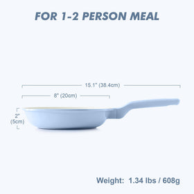SENSARTE 8-inch blue top view highlighting smooth nonstick performance with minimal oil.