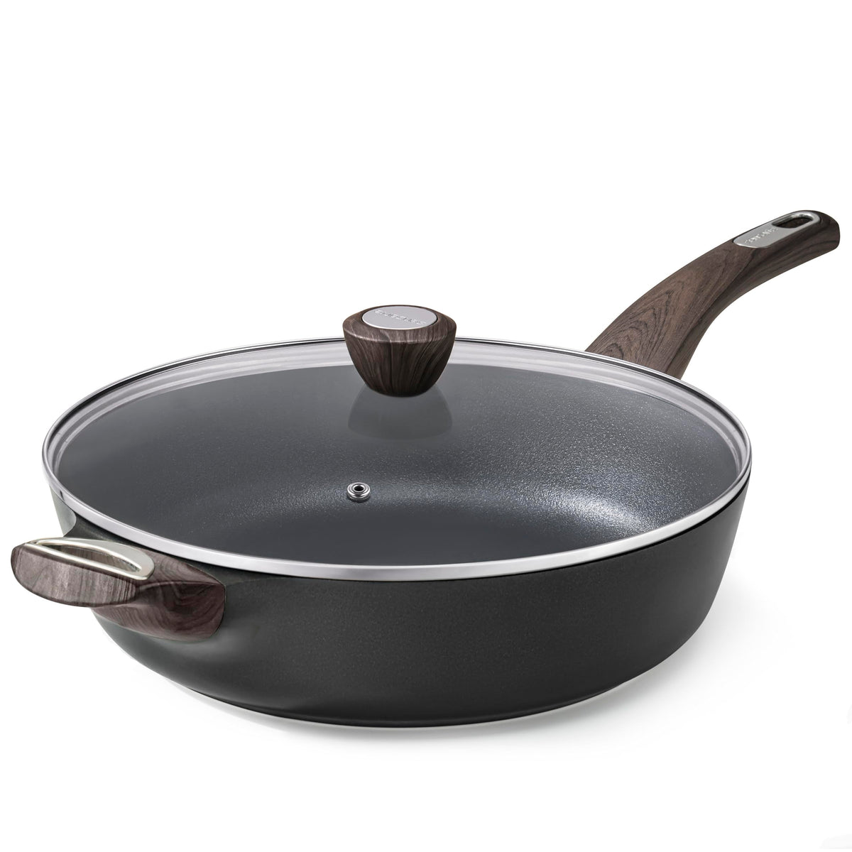 SENSARTE nonstick frying pan with lid shows smooth coating for effortless cooking with less oil.