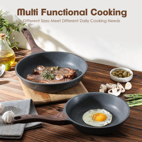Sensarte pan is oven safe up to 302°F with its woodgrain handle