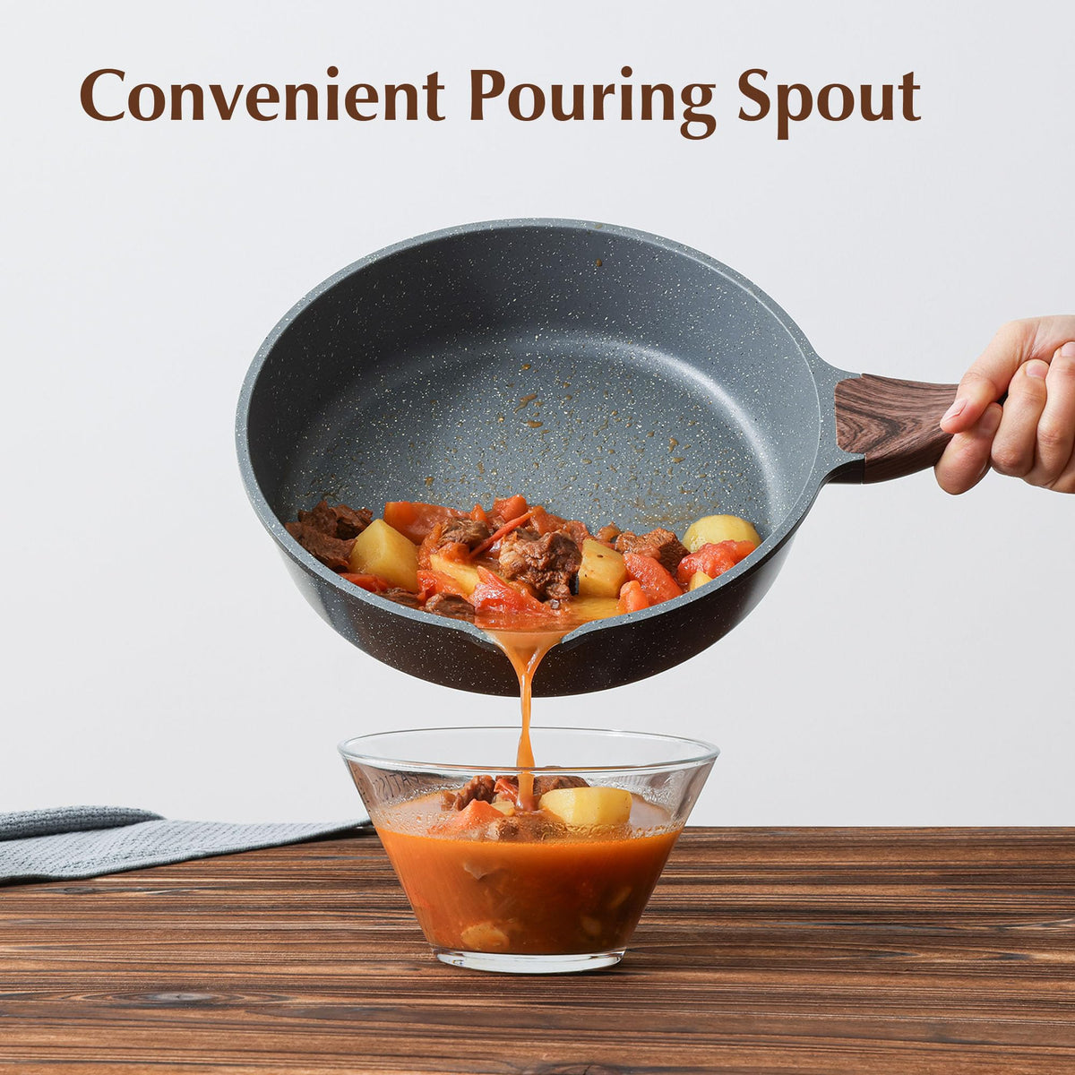 SENSARTE skillet pour spout close-up enabling precise oil or sauce pouring.