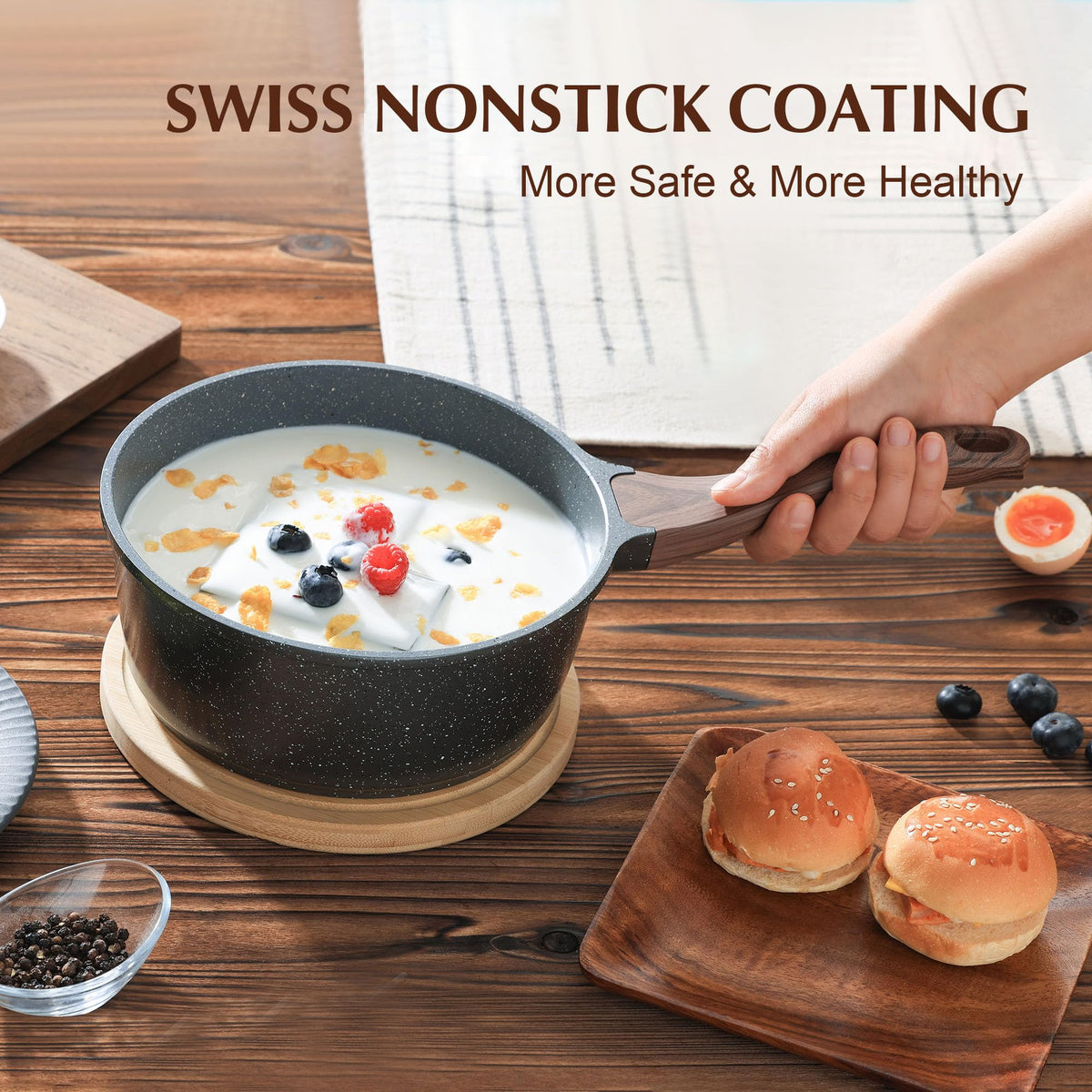 Sensarte stay-cool handle provides comfortable grip during simmering.
