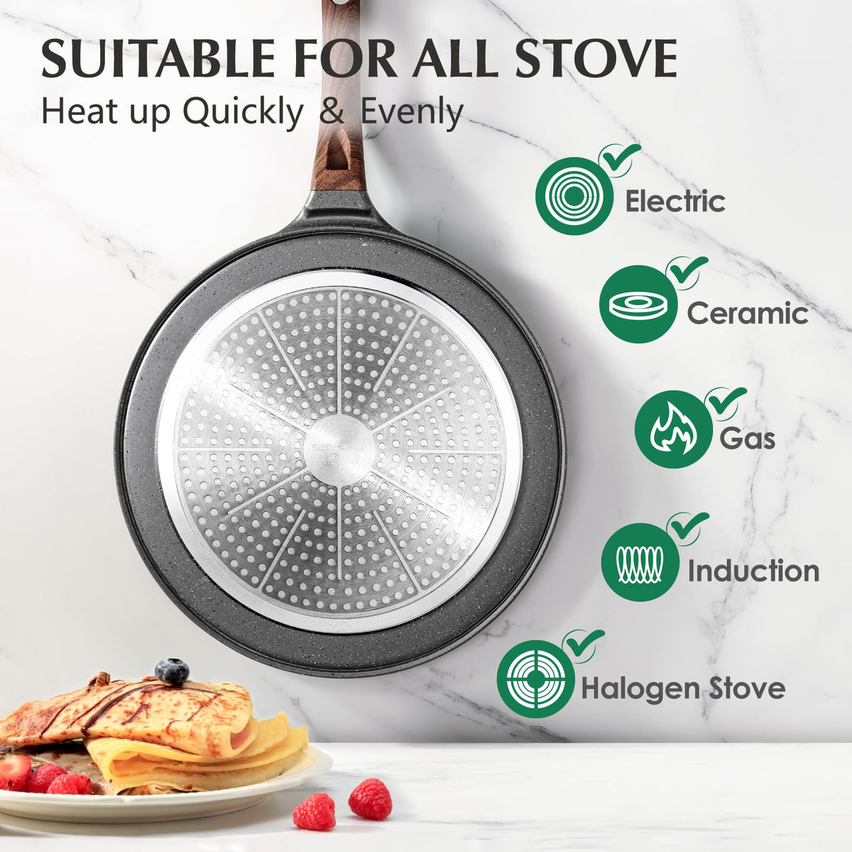SENSARTE stay-cool handle during cooking showcased.