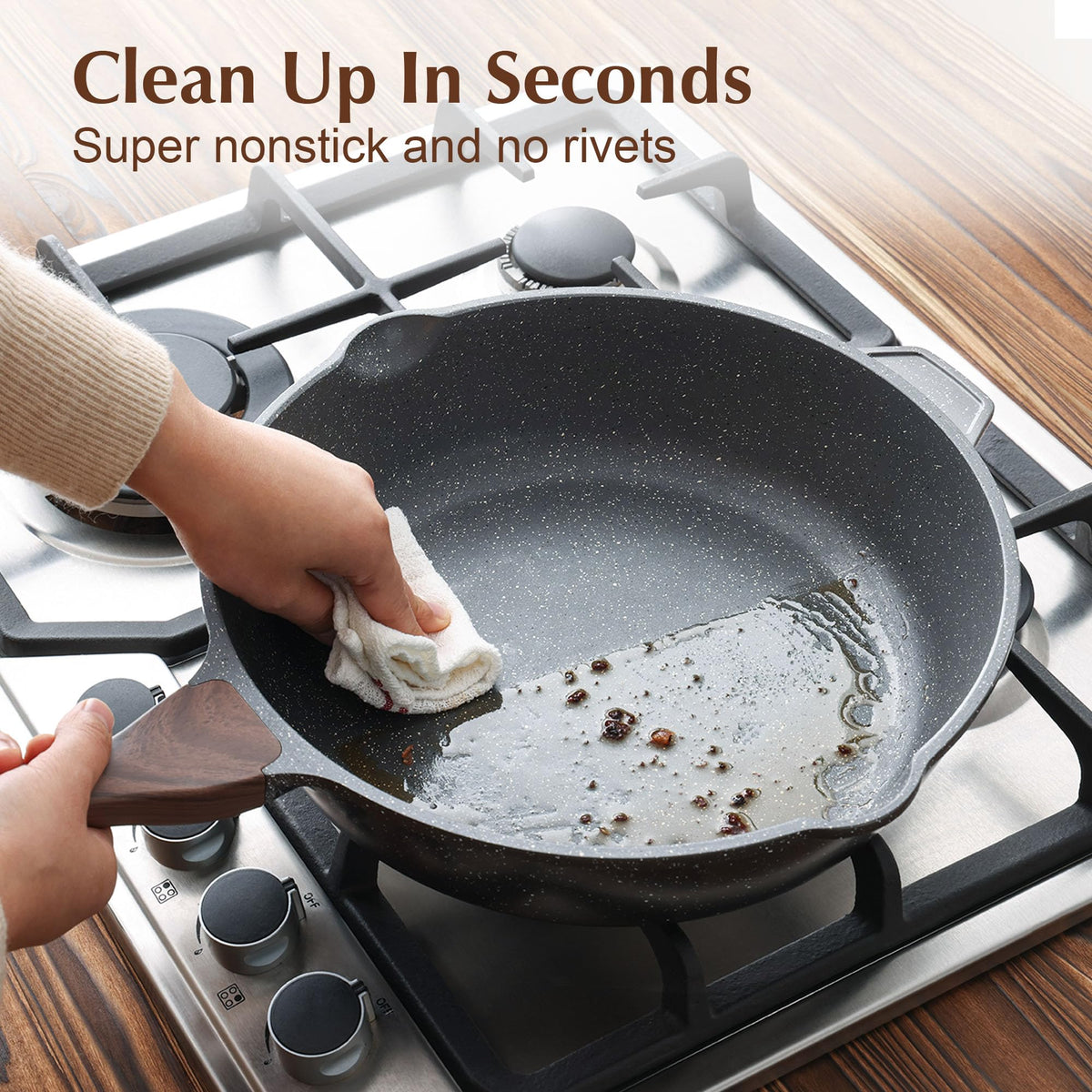 Stay-cool woodgrain handle on the SENSARTE pan for comfortable grip.