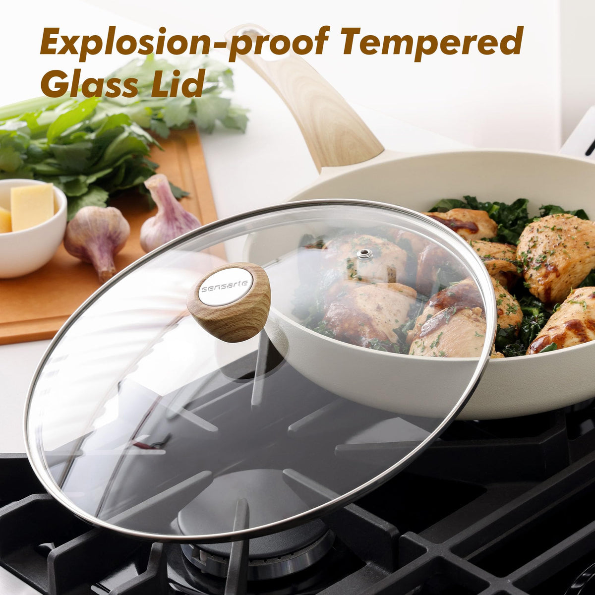 SENSARTE tempered glass lid on frying pan, monitor cooking without splashes