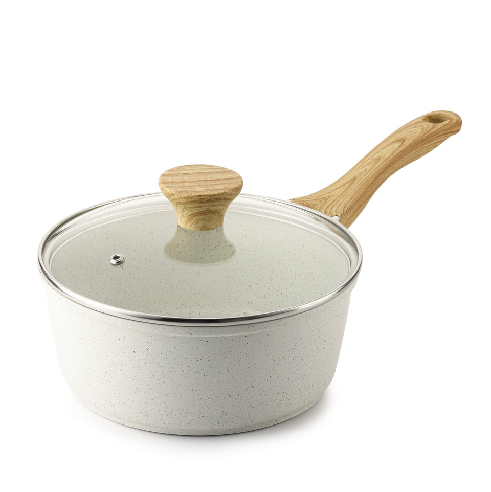 SENSARTE white ceramic saucepan with lid shows easy cooking control.