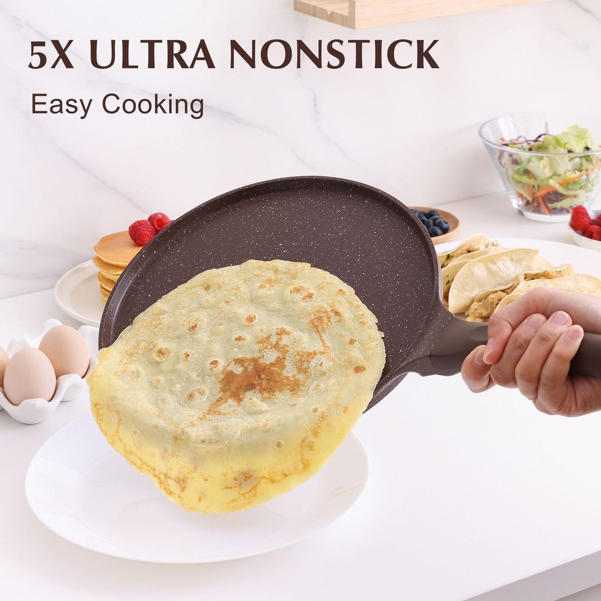 SENSARTE wooden spreader assisting even batter spreading across the pan.