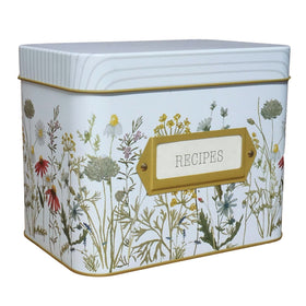 SENSORY4U tin recipe box with wildflower front keeps recipes neatly organized.