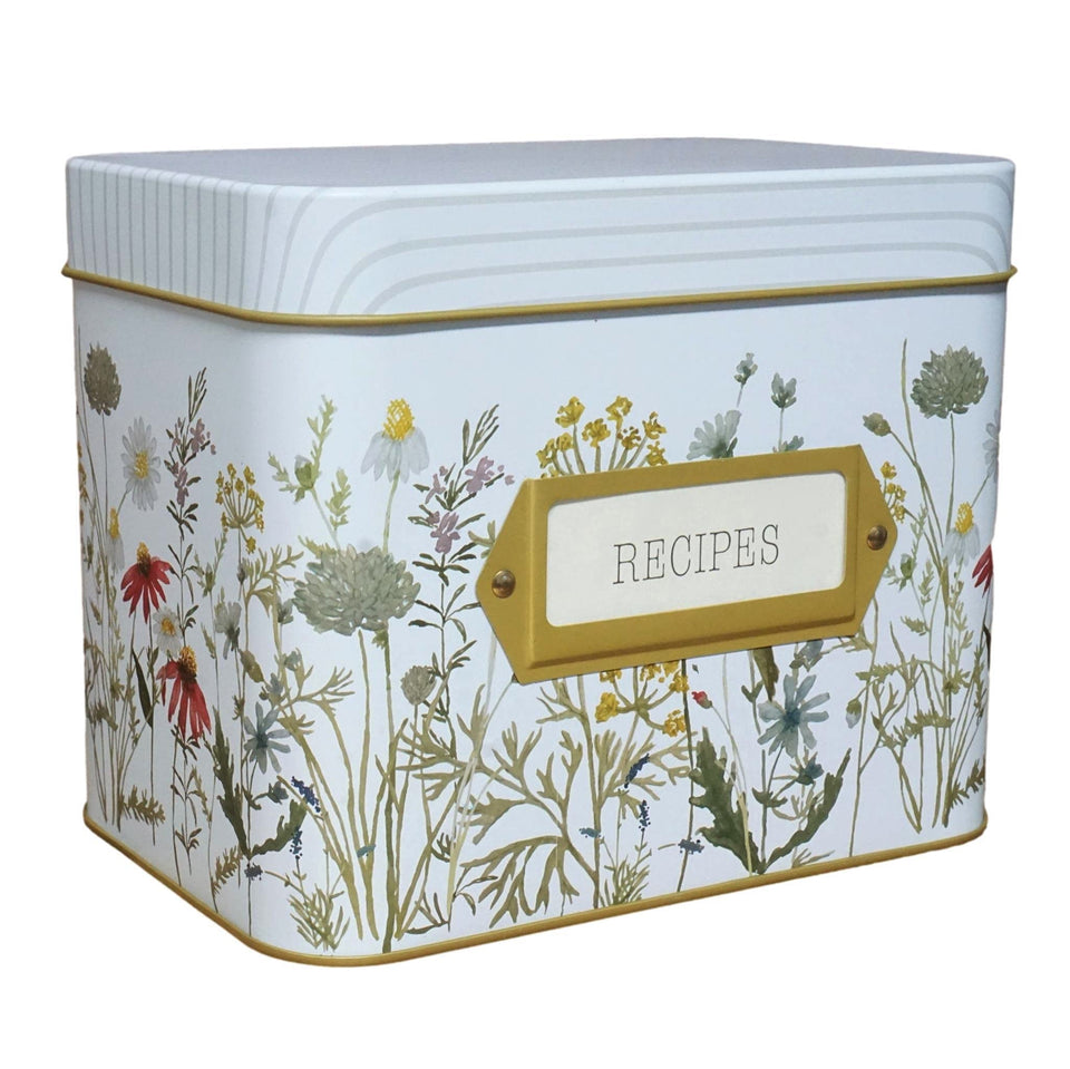SENSORY4U tin recipe box with wildflower front keeps recipes neatly organized.