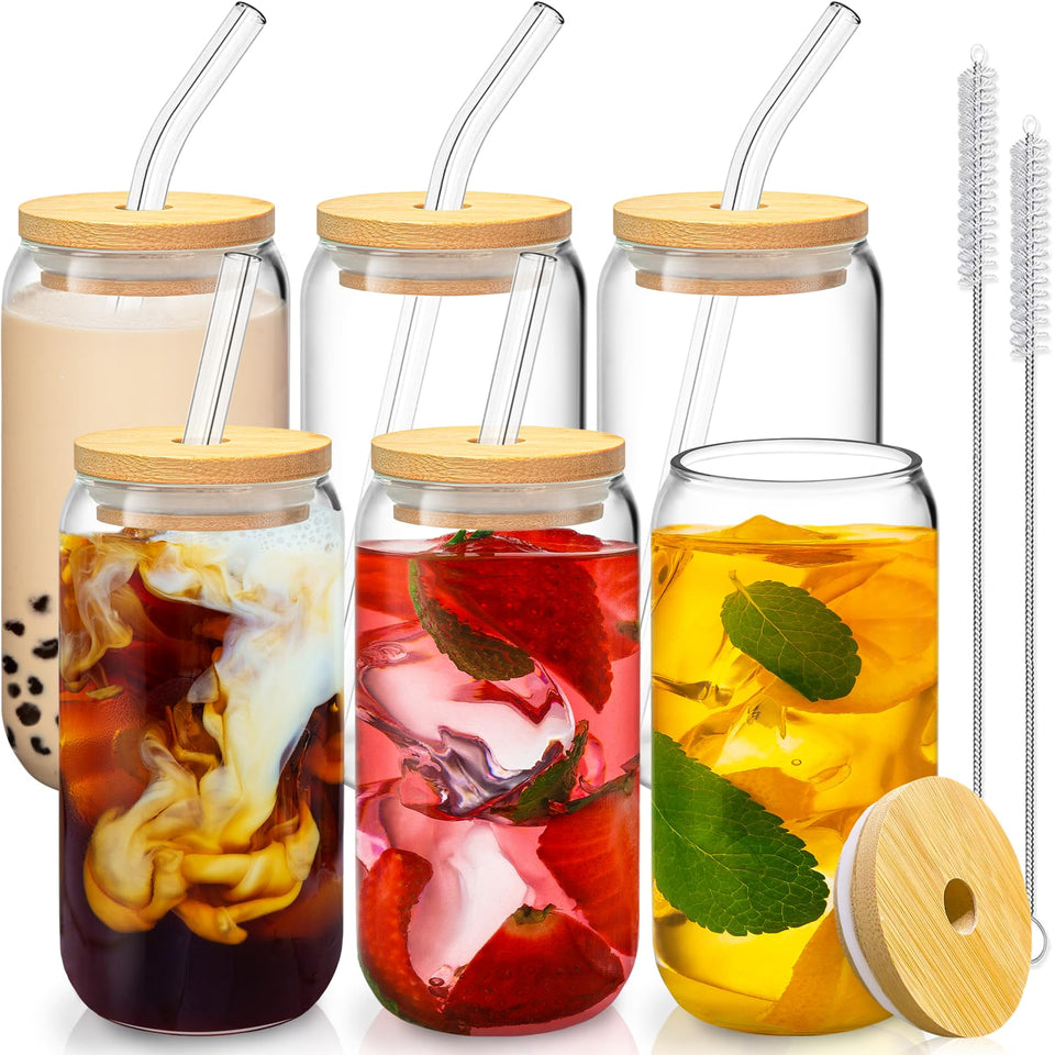 SENTVEND 16 oz glass cups with bamboo lids and glass straws, ideal for iced coffee or cocktails