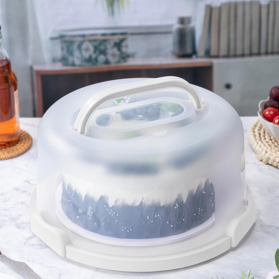 Setlux cake carrier with handle for easy transport and storage.