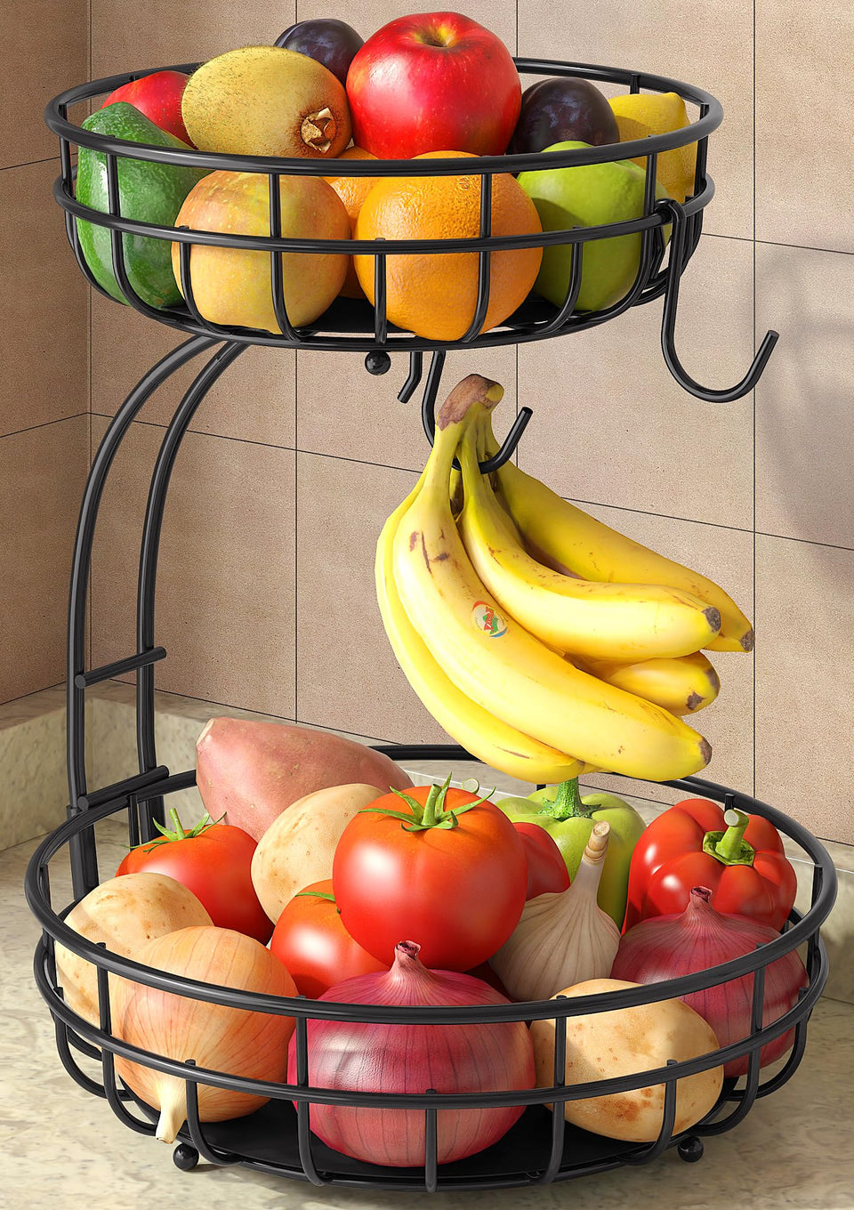 Sevenblue 2-Tier Fruit Basket with banana hanger keeps produce organized