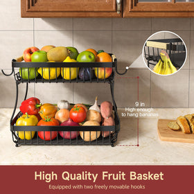 Sevenblue 2-Tier Large Fruit Basket banana-hangers keep bananas separated and bruising minimized