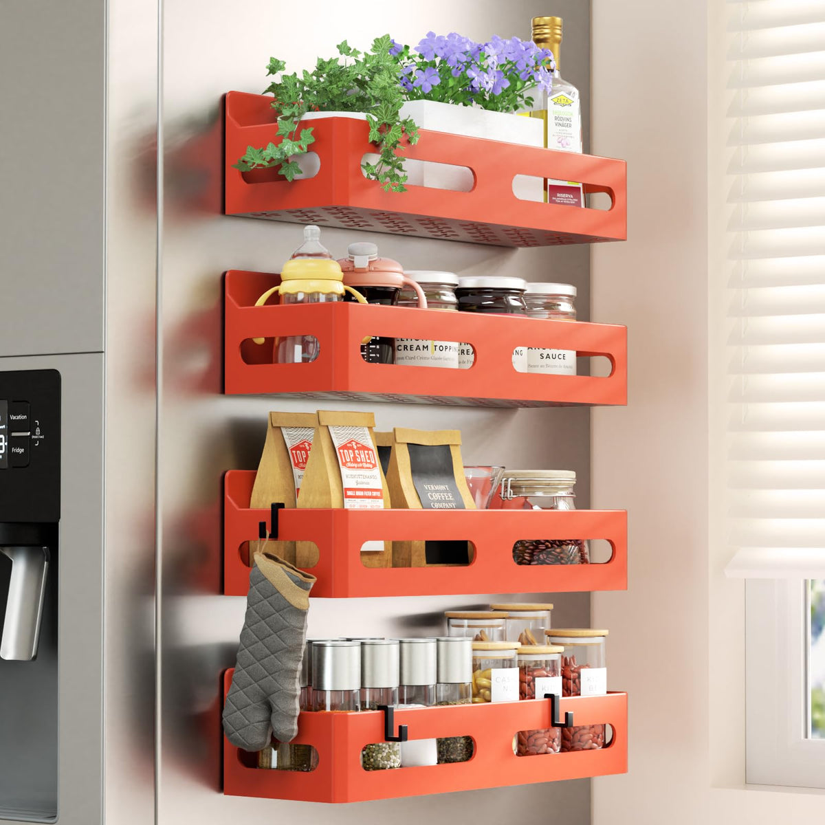 Sevenblue magnetic spice rack on fridge door holds up to 12 jars.