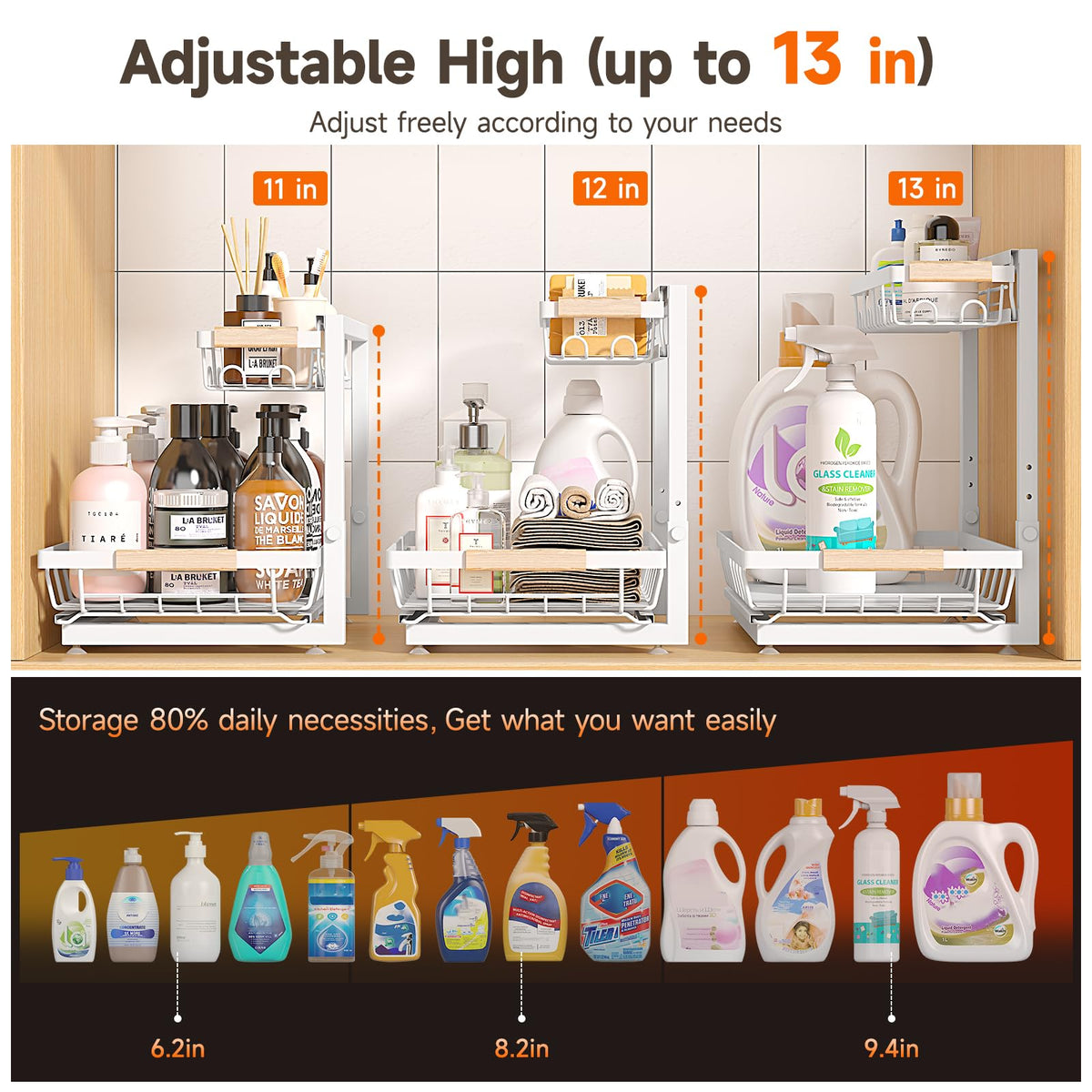 Sevenblue adjustable-height 3-tier rack adapts to cabinet heights.