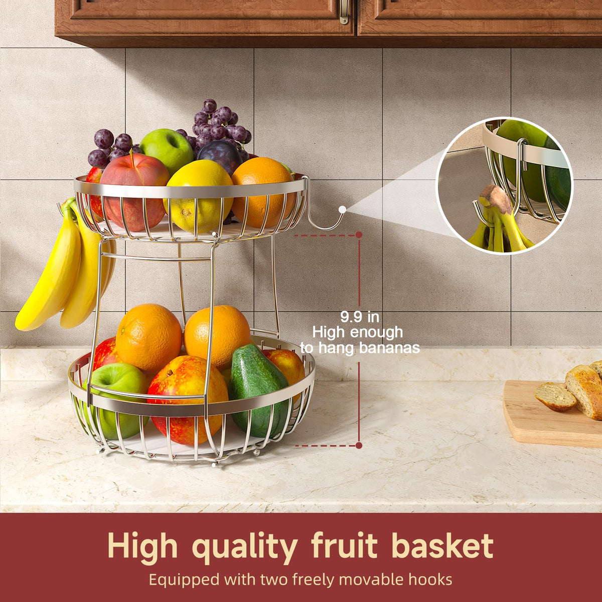 Sevenblue banana hangers keep bananas neat and protected on the fruit basket.